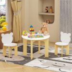 Kids Table and Chair Set, 3-Piece Toddler Table with 2 Chairs, Cute Bear-Back Chairs, Sturdy Wooden Activity Table Set for Kids, Playroom, Bedroom, Preschool - Image 3