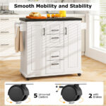 White Kitchen Island Cart with 4 Drawers & 2 Cabinets, 5 Universal Casters with Brakes​ - Image 8