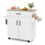 41.5" Rolling Kitchen Island Cart with Storage, White Kitchen Cart with Drawer & Cabinet, Spice Rack & Towel Holder