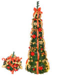 6 FT Fully Decorated Pre-lit Christmas Tree, Pop Up Artificial Xmas Tree with 150 Warm Lights Battery Operated and Red & Golden Ornaments for Home Office Store Holiday Deco - Image 8
