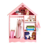 Pink and white star-printed MDF, spray-painted, 1 mirror, 3-tier shelf, 1 clothes rod, children's wardrobe - Image 3