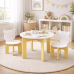 Kids Table and Chair Set, 3-Piece Toddler Table with 2 Chairs, Cute Bear-Back Chairs, Sturdy Wooden Activity Table Set for Kids, Playroom, Bedroom, Preschool - Image 5