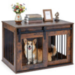 31.5" Dog Crate Furniture with Sliding Barn Door, Wooden Dog Kennel End Table for Indoor Use - Rustic Brown