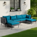 2 pcs armless sofa + 2 pcs corner sofa + 2 pcs footstool iron legs black rattan peacock green cushions woven rattan multi-piece set - Image 10