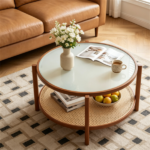 Walnut Boho 2‑Tier Round Coffee Table, PE Rattan Accent Side Table with Tempered Glass Top, Solid Acacia Wood Center Table with Storage Shelf for Living Room Apartment Balcony - Image 3