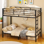 Black Twin Bunk Bed Square Tube High Guardrail Side Ladder Opening Iron Bed - Image 14