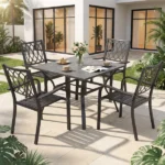 5‑Piece Outdoor Patio Dining Set, 4 Metal Chairs (350 lbs Capacity), 37.8" Square Wood‑Grain Metal Table w/ Umbrella Hole,Rustproof, Ergonomic Slat Design, 30‑Min Quick Assembly, Ideal for Garden - Image 13