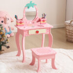 Pink MDF spray-painted + apple-printed 1-drawer 2-desktop storage box children's dressing table set - Image 9