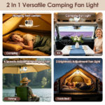 2-in-1 Camping Fan with LED Lantern Remote Control, 4 Wind Speeds 3 Light Brightness Timer Function 7200mAh Rechargeable Hanging Tent Fan - Image 7