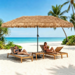 15x9ft Double-Sided Tiki Patio Umbrella with Heavy Duty Weighted Base , 12 Metal Ribs Hawaiian PE Thatch Outdoor Market Umbrella Water Resistant Polyester Canopy for Poolside Tiki Bar Backyard - Image 10