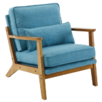 Mid-Century Oak Accent Chair - Linen-Cotton Navy Blue Upholstered Single Lounge Chair, Indoor Armchair with Sturdy Wood Frame (330LBS Weight Capacity)