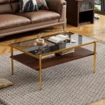 Modern Coffee Table, Tempered Glass Tabletop, Rectangle Coffee Table with Sturdy MDF Base and Golden Iron Legs, Easy Assembly Living Room Furniture, 38.39 Inch Length, Gold (Shipment from Walmart)