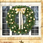 48in Pre-lit Christmas Wreath, Lighted Artificial Xmas Wreath with 150 Warm White Lights and 450 PVC Tips and DIY Ornaments, for Front Door Gate Wall Xmas Party Decorations, Light Green & Golden - Image 6