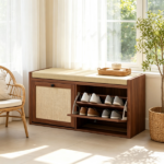 Brown Entryway Shoe Storage Bench – Padded Seat with 2 Rattan Doors for Hidden Shoe Storage - Image 9