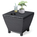 Outdoor PE Wicker Side Table with Storage, Small Patio Storage Bin Container for Hose Cushion Towel, Black - Image 10