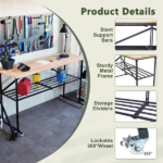 Foldable Hardwood Workbench Adjustable Wood-Top Utility Table with Locking Casters - Image 4