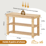 27-In Bamboo Shoe Rack & Bench, 3-Tier 280 lb Capacity Storage Organizer for Entryway, Living Room, Balcony, Wood - Image 3