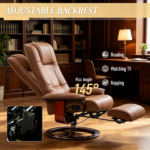 Brown Swivel Recliner Chair PU Leather Reclining Armchair Retractable Footrest Wood Base Adjustable High Back for Small Spaces Living Room RV Bedroom - Image 6