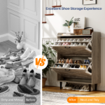 2-Drawer Barn Door Shoe Cabinet with Side Panel Countertop Melamine Board Embossed MDF Shoe Cabinet 31.61*9.45*39.37in Grey Oak - Image 8