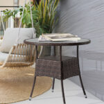 31.5" Patio Table for 4-Person, Outdoor Patio Wicker Round Dining Table, All-Weather Rattan Bistro Dining Table w/Glass Tabletop for Backyard Deck Porch Poolside, Brown - Image 9