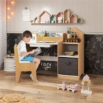 Kids Table and Chair Set with Storage Drawers House-Shaped Study Desk for Playroom Bedroom- Natural - Image 9