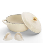 Cast iron 5QT cooking pot - ceramic white - comes with two silicone gloves - Enamel pot - Image 4