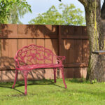 Outdoor Cast Aluminum Patio Bench, Porch Bench Chair with Curved Legs Rose Pattern, Red - Image 3