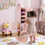 Pink, bow-themed, MDF (medium-density fiberboard) painted finish, 1-door, 1-shelf, rotatable base, children's jewelry mirror cabinet - Image 13