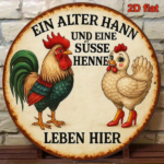 CIFbuy 1pc 8x8 Inch Round French Aluminum Sign, Vintage Rooster & Cute Hen Farm Animal Decorative Plaque, 2D Flat Metal Wall Art For Ki TikTok, TikTok, Farm Self-pickup Logiopics - Image 2