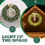 60in Pre-lit Christmas Wreath, Lighted Artificial Xmas Wreath with 220 Warm White Lights and 600 PVC Tips and DIY Ornaments, for Front Door Gate Wall Xmas Party Decorations, Light Green & Golden - Image 5