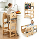 3-in-1 Convertible Toddler Learning Tower Step Stool with Chalkboard, Poplar Wood Flip Design Weaning Table Stool Set Anti-Tip Safety Guardrail 110 LBS Load for Kids 18+ Months Cat Pattern - Image 10