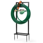 Garden Hose Holder, Water Hose Holder Stand with Storage Basket, Heavy Duty Freestanding Garden Hose Hanger Storage Rack with 4 Spikes for Outside Yard Lawn Farm, Black - Image 2