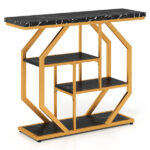39.5" Modern Sofa Table with 4-Tier Storage, Black & Gold Console Table with Faux Marble Top for Living Room Entryway - Image 3