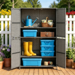 Outdoor PE Rattan Storage Cabinet with Adjustable Shelves, Anti-Tip Garden Tool Storage Shed for Patio Backyard Poolside-Gray - Image 9