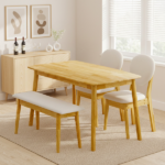 1 Table 2 Chairs 1 Bench Dining Set, Rubber Wood Frame with Beige Upholstered Seats, Natural Wood Finish Rectangular Kitchen Dining Furniture - Image 18