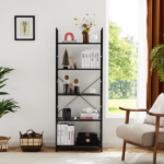5-Tier Wooden Bookshelf with Adjustable Feet, Metal Frame, Waterproof and Scratch-Resistant Shelves, Black (Shipment from Walmart)