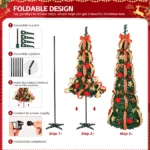 6 FT Fully Decorated Pre-lit Christmas Tree, Pop Up Artificial Xmas Tree with 150 Warm Lights Battery Operated and Red & Golden Ornaments for Home Office Store Holiday Deco - Image 7