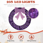 36in Pre-lit Outdoor Christmas Wreath Decoration, Lighted Metal Wreath with Purple Bow, Remote Control LED Lights with Timer, for Front Door Gate Wall Indoor Outdoor Holiday Party - Image 4