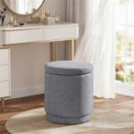 7.7 Gallon Round Storage Ottoman Foot Rest with Acacia Wood Frame, 400LBS Load Capacity Footstool- Gray - Image 2
