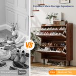 2-Drawer Top Enclosure Barn Door Shoe Cabinet Melamine Board Embossed MDF Shoe Cabinet 31.61*9.45*39.37in Walnut - Image 8