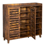 Shoe cabinet with 2 doors, 5 open compartments, and a tabletop with a back panel; made of MDF; 116*35.5*107cm; weathered wood color - Image 3