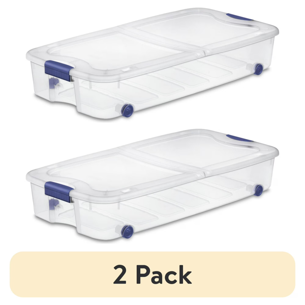 (2 pack)66 Quart Latching Underbed Wheeled Storage Bin, Clear Plastic Storage Container with Latch Lid, Blue (Shipment from Walmart)