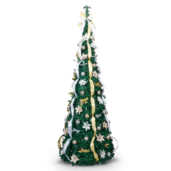7 FT Fully Decorated Pre-lit Christmas Tree, Pop Up Artificial Xmas Tree with 200 Warm Lights Remote Control and Godlen & Silver Ornaments for Home Office Store Holiday Deco
