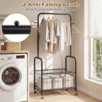 3-in-1 Rolling Clothes Rack with Storage Basket & Hooks, Metal Garment Rack for Laundry Bedroom - Black - Image 10