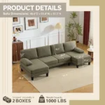 U-Shaped Convertible Sectional Sofa with 2 Chaise Lounges, 4-Seater Modular Couch with Removable & Washable Chenille Covers, 111.4" L x 48.4" D x 33.1" H L-Shaped Couches for Living Room Apartment, Heavy Duty Plastic Legs, Khaki - Image 3