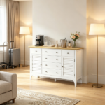 White Adjustable Shelves Sideboard – Buffet Cabinet with Storage Drawers, Rubber Wood Top Coffee Bar - Image 7