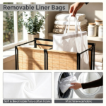 Compact Rolling Bamboo Laundry Hamper with Lid, 2 Sorting Compartments Removable Oxford Liner Bags 360° Lockable Wheels Metal Frame Under Counter Clothes Sorter - Natural Black - Image 7