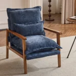 Cloud Shaped Indoor Leisure Chair with Solid Wood Armrest & Solid Wood Frame, Chenille Fabric Accent Chair with Lumbar Pillow, Single Sofa Chair Slate Blue