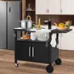 Outdoor Grill Cart with Storage, Rolling Bar Cart Movable Kitchen Island for BBQ, Patio Dining Cart Table for Food Prep with Wheels Hooks Foldable Top - Image 5