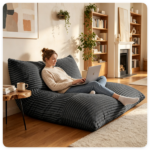 Dark Gray Convertible Corduroy Bean Bag Floor Sofa for Adults, 76.5x55 Inch Sponge Filling Foldable Floor Mattress Guest Bed, Removable Washable Cover Large Lazy Lounger - Image 8